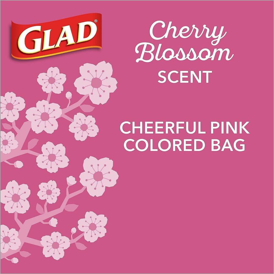 Glad Odorshield Cherry Blossom Trash Bags - Cherry Blossom - Small Size - 4 gal Capacity - 18" Length x 17" Width - Drawstring Closure - Pink - Garbage, Kitchen, Bedroom, Bathroom - 34 / Box