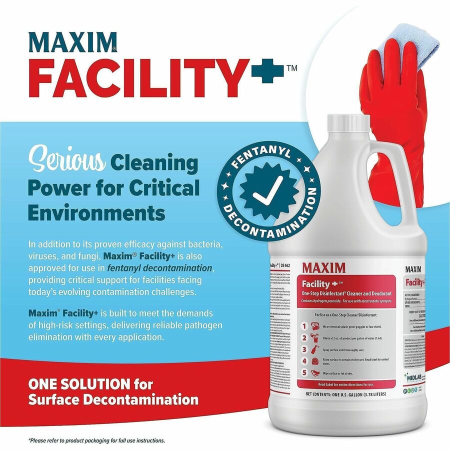 Maxim Facility+ One-Step Disinfectant - For Multi Surface, Multipurpose - Concentrate - Liquid - 128 fl oz (4 quart) - Recommended For: Odor Remover, Mildew Odor Remover, Bacteria Remover, Germs Remover, Virus Remover, Mold Remover - Deodorize, Fragran...
