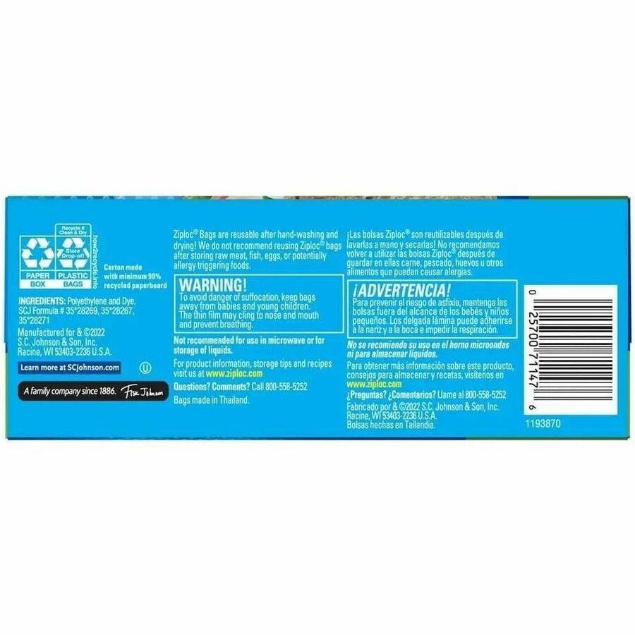 Ziploc&reg; Grip n' Seal Freezer Bags - 5.88" Length x 6.50" Width - Seal Closure - Textured Grip - Plastic - Sandwich, Fruit, Lunch, Vegetables - 12/Carton - 12 / Carton