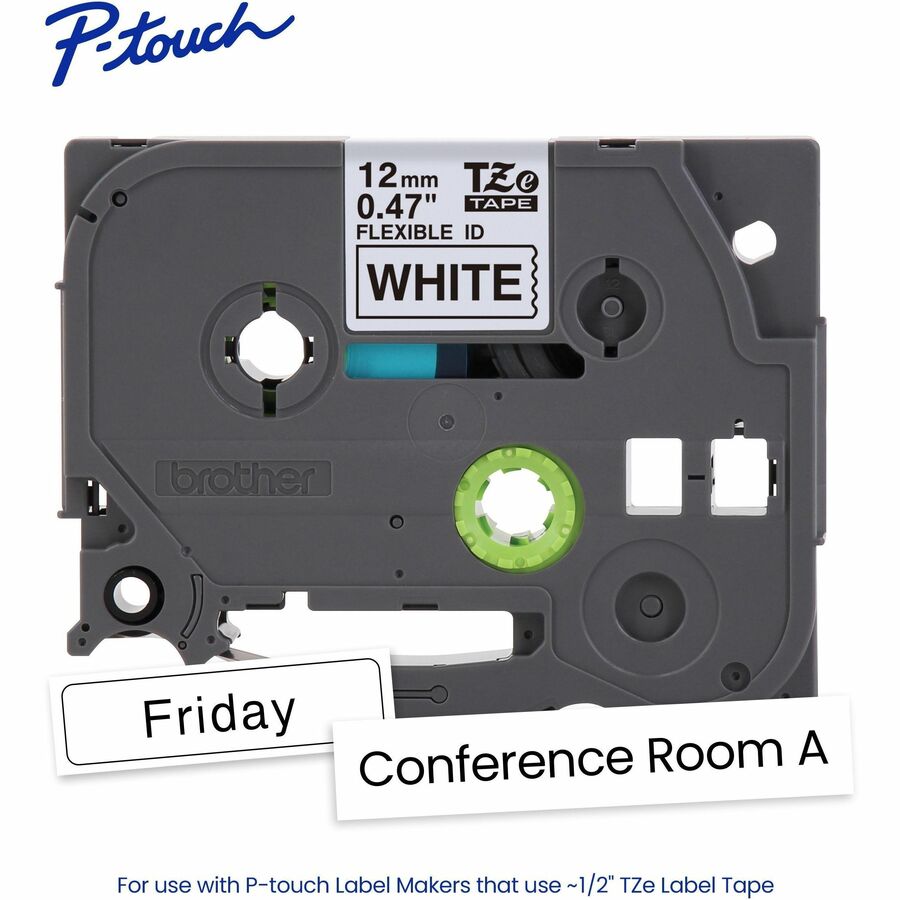 Brother Genuine P-touch TZeFX231 BK on WHT Label Tape, Flexible ID Laminated, 12mmX8m - x 15/32" Width - White - Polyester - Water Resistant - Laminated - Durable, Abrasion Resistant, Chemical Resistant, Grease Resistant, Grime Resistant, Temperature R...