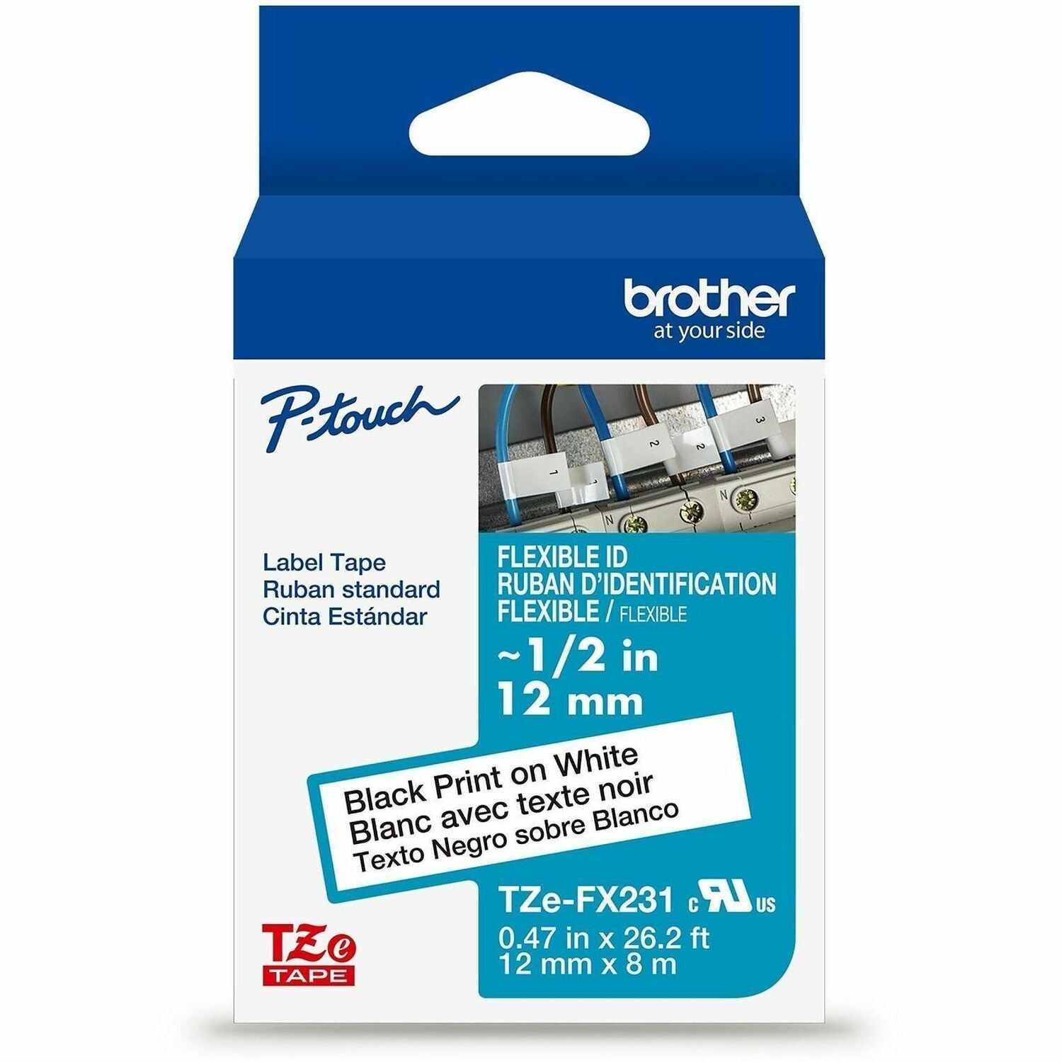 Brother Genuine P-touch TZeFX231 BK on WHT Label Tape, Flexible ID Laminated, 12mmX8m - x 15/32" Width - White - Polyester - Water Resistant - Laminated - Durable, Abrasion Resistant, Chemical Resistant, Grease Resistant, Grime Resistant, Temperature R...
