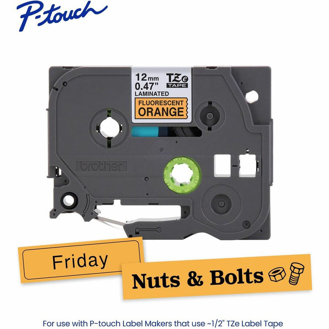 Brother Genuine P-touch TZeB31 BK on FLUOR ORG Label Tape, Laminated, 12mmX5m - 15/32" Width - Fluorescent Orange - Laminated - Water Resistant - Durable, Abrasion Resistant, Chemical Resistant, Grease Resistant, Grime Resistant, Temperature Resistant,...