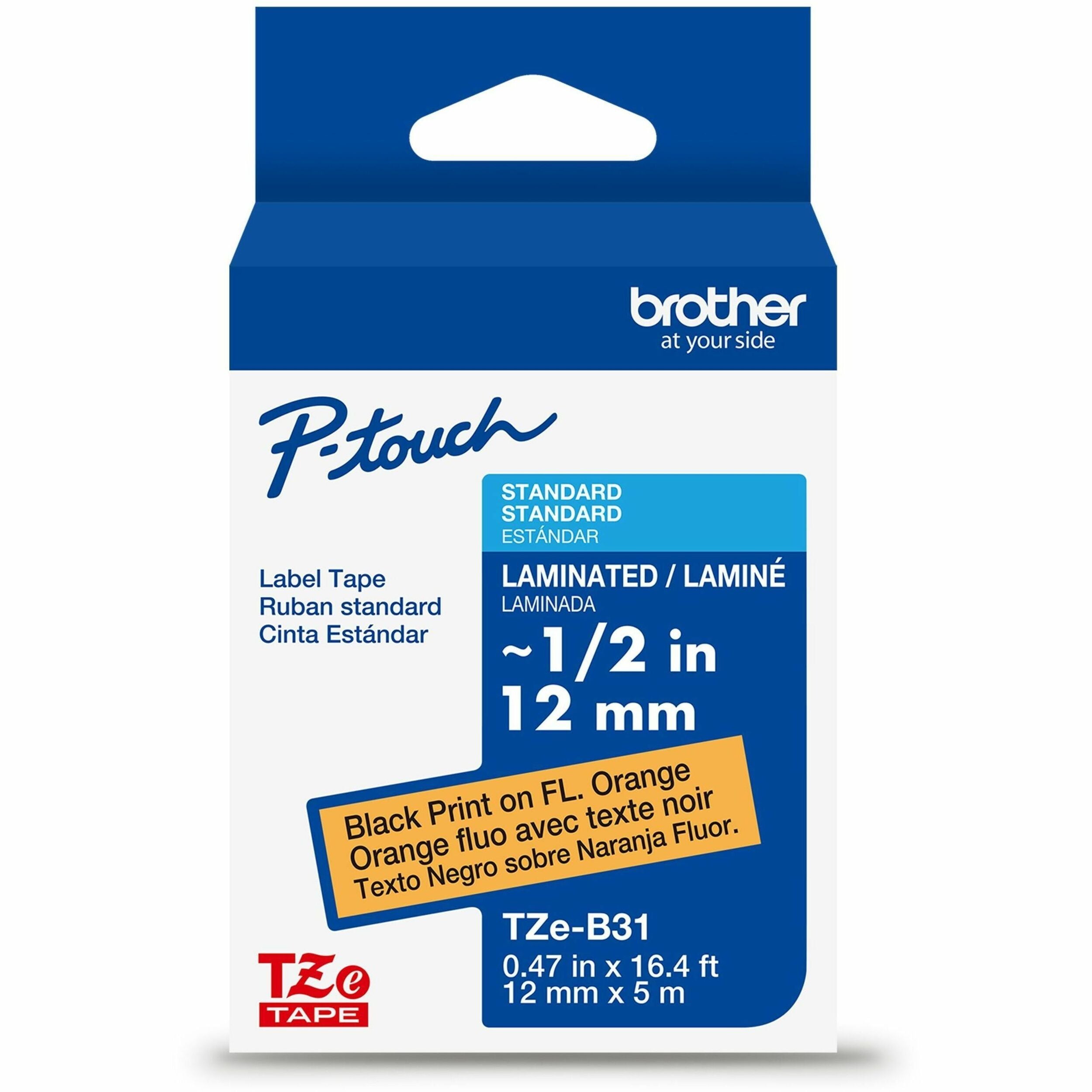 Brother Genuine P-touch TZeB31 BK on FLUOR ORG Label Tape, Laminated, 12mmX5m - 15/32" Width - Fluorescent Orange - Laminated - Water Resistant - Durable, Abrasion Resistant, Chemical Resistant, Grease Resistant, Grime Resistant, Temperature Resistant,...