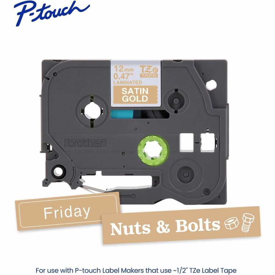 Brother Genuine P-touch TZeMQ835 WHT on SATIN GLD Label Tape, Laminated, 12mmX5m - 15/32" Width - Satin Gold - Laminated - Water Resistant - Durable, Abrasion Resistant, Chemical Resistant, Grease Resistant, Grime Resistant, Temperature Resistant, Fade...