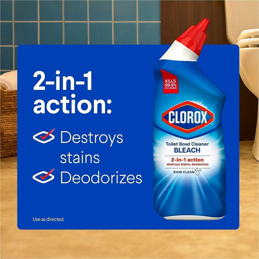 Clorox Toilet Bowl Cleaner with Bleach - For Toilet, Toilet Bowl - 24 fl oz (0.8 quart) - Rain Clean Scent - Recommended For: Stain Remover, Odor Remover, Bacteria Remover, Germs Remover, Mold Remover, Mildew Remover - Deodorize, Disinfectant, Phosphor...