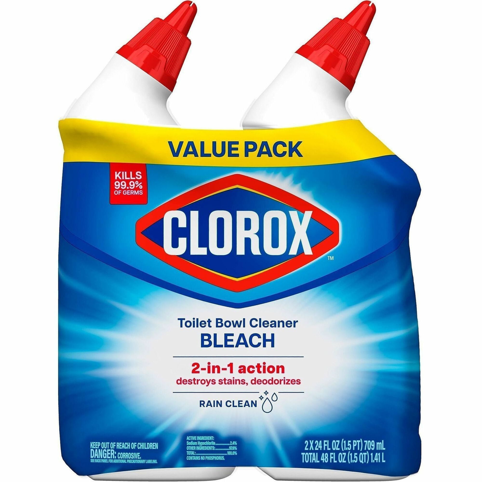 Clorox Toilet Bowl Cleaner with Bleach - For Toilet, Toilet Bowl - 24 fl oz (0.8 quart) - Rain Clean Scent - Recommended For: Stain Remover, Odor Remover, Bacteria Remover, Germs Remover, Mold Remover, Mildew Remover - Deodorize, Disinfectant, Phosphor...