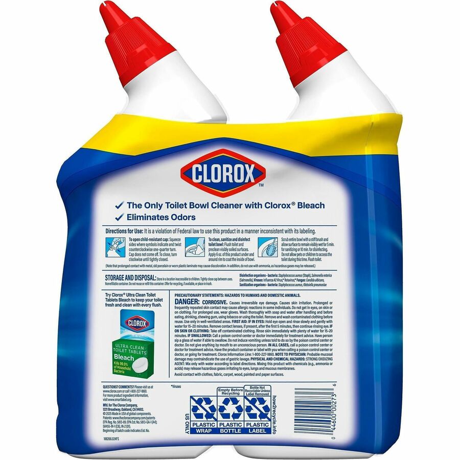 Clorox Toilet Bowl Cleaner with Bleach - For Toilet, Toilet Bowl - 24 fl oz (0.8 quart) - Rain Clean Scent - Recommended For: Stain Remover, Odor Remover, Bacteria Remover, Germs Remover, Mold Remover, Mildew Remover - Deodorize, Disinfectant, Phosphor...