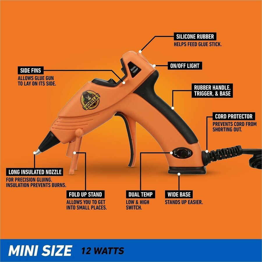 Gorilla Glue Dual Temp Mini Hot Glue Gun - 380&deg;F (193.3&deg;C) - Orange, Black