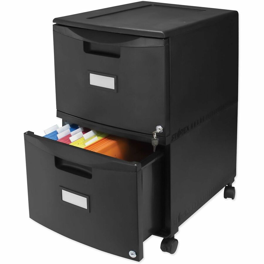 Storex 2-Drawer Locking Mobile Filing Cabinet - 14.7" Width x 18.2" Depth x 26" Height - 2 x Drawer(s) for File - Letter, Legal - Mobility, Lockable, Heavy Duty, Hanging Rail, Locking Drawer, Label Holder, Locking Casters - Black - Plastic