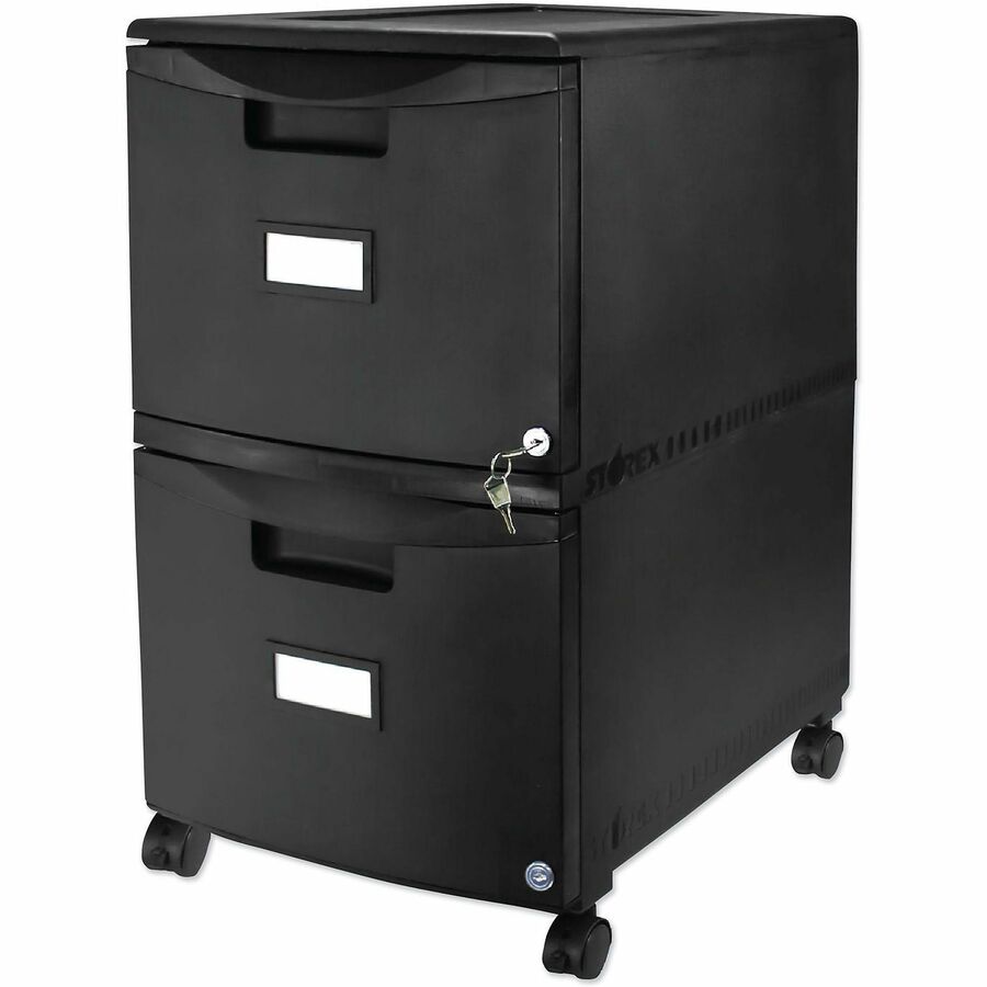 Storex 2-Drawer Locking Mobile Filing Cabinet - 14.7" Width x 18.2" Depth x 26" Height - 2 x Drawer(s) for File - Letter, Legal - Mobility, Lockable, Heavy Duty, Hanging Rail, Locking Drawer, Label Holder, Locking Casters - Black - Plastic