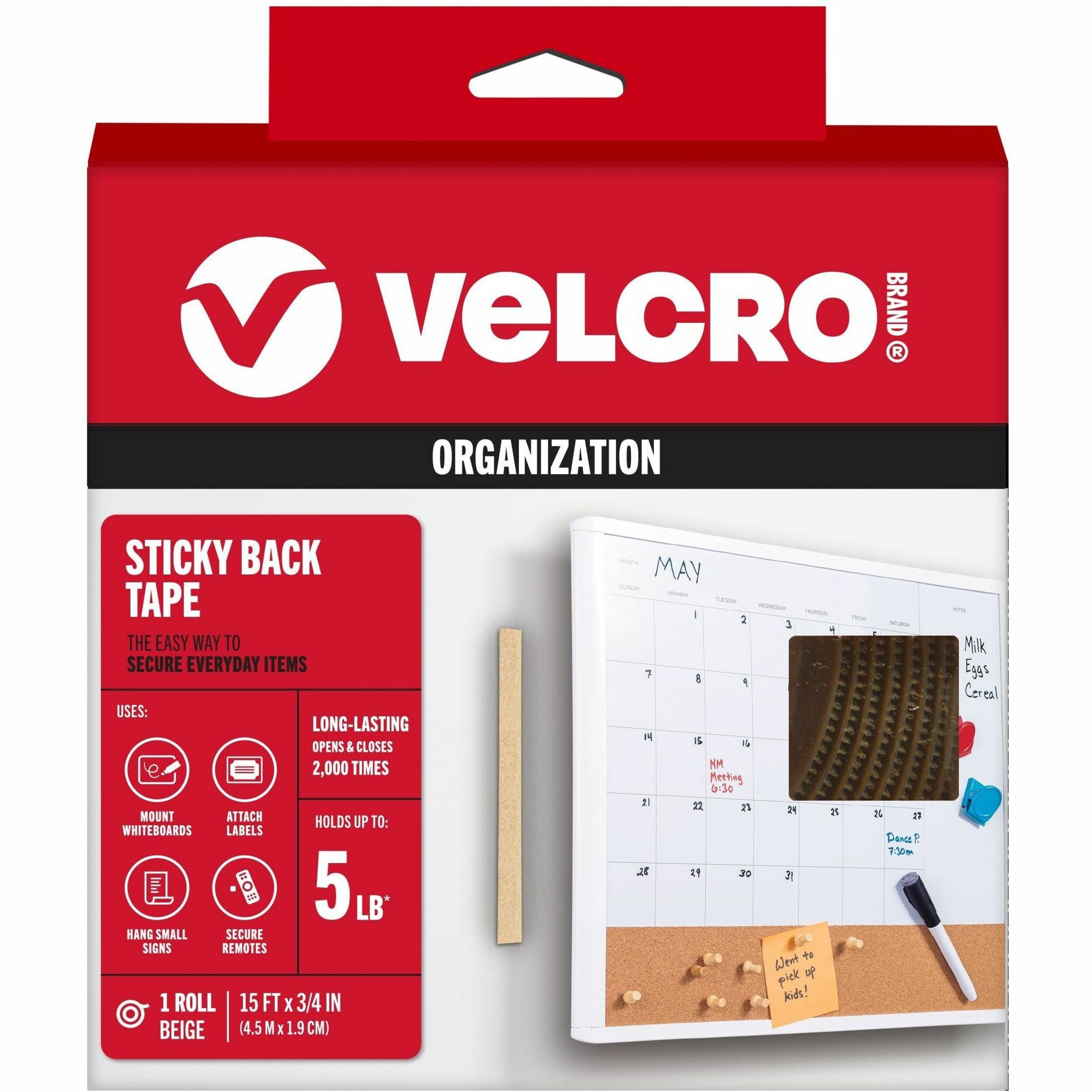 VELCRO&reg; Sticky Back 15ft x 3/4in Roll Beige - 15 ft Length x 0.75" Width - Beige - Dispenser Included - For Multipurpose, Wall, Home, School, Mounting - 1 Roll