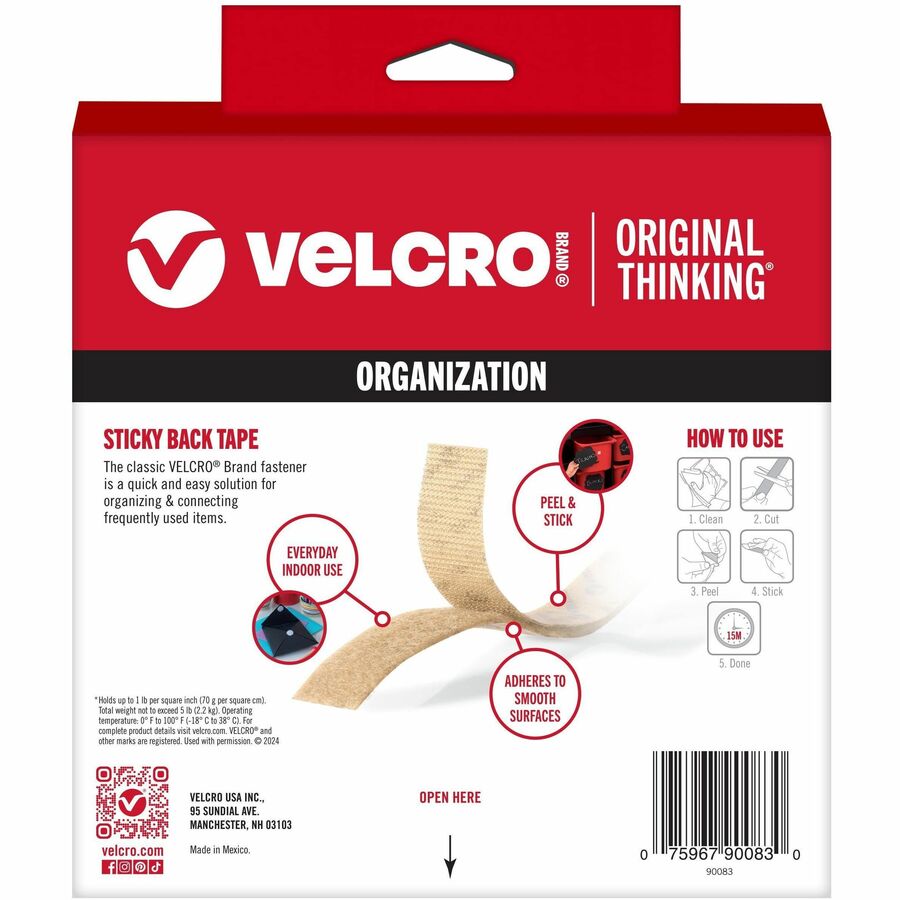 VELCRO&reg; Sticky Back 15ft x 3/4in Roll Beige - 15 ft Length x 0.75" Width - Beige - Dispenser Included - For Multipurpose, Wall, Home, School, Mounting - 1 Roll