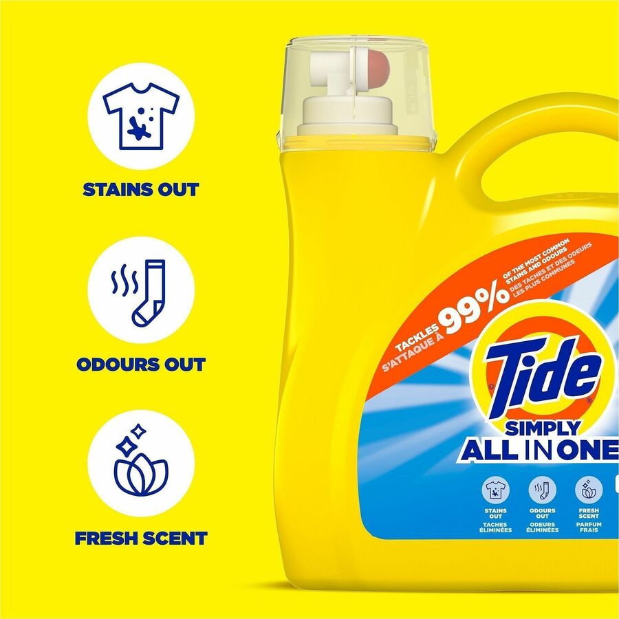 Tide Simply All-in-1 Detergent - For Laundry, Fabric, Washing Machine - Liquid - 117 fl oz (3.7 quart) - Refreshing Breeze Scent - 89 Loads - Recommended For: Odor Remover, Stain Remover, Dirt Remover - Yellow - 1 Each