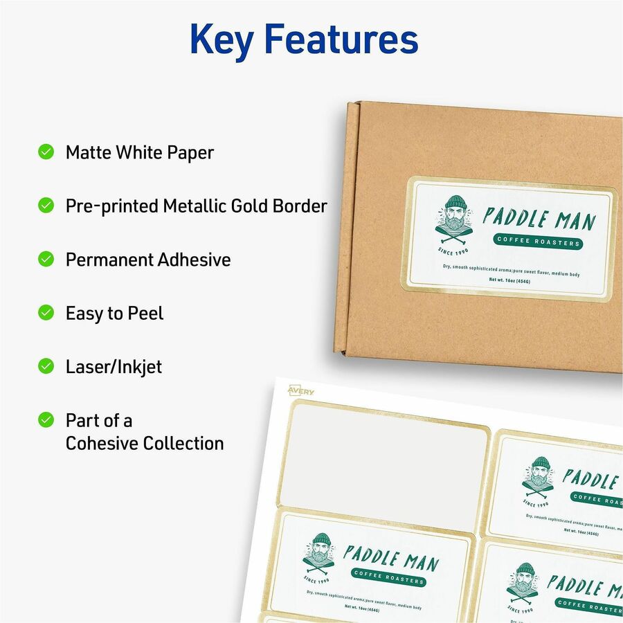Avery 2" x 4" Labels With Metallic Gold Borders - x 2" Width x 4" Length - Permanent Adhesive - Rectangle - Inkjet, Laser - White - Metallic Gold Border - Foil - Reflective, Smudge-free - 10 / Sheet - For Label Printer - 100 / Pack