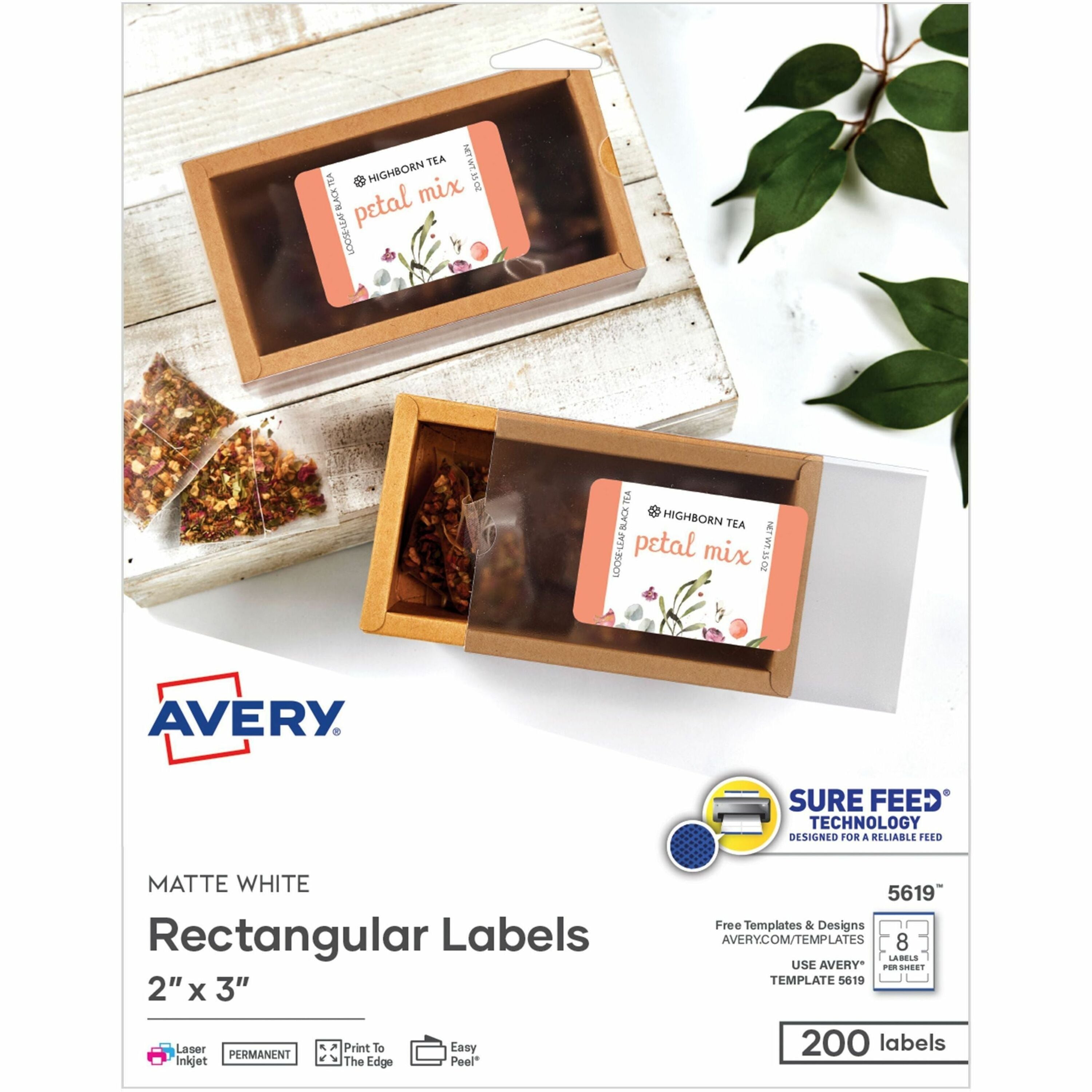 Avery Matte White Rectangular Labels - x 3" Width x 2" Length - Rectangle - Inkjet, Laser - Matte - Matte White - Print-to-the Edge, Jam Resistant, Smudge Resistant, Easy Peel - 8 / Sheet - For Label Printer - 200 / Pack