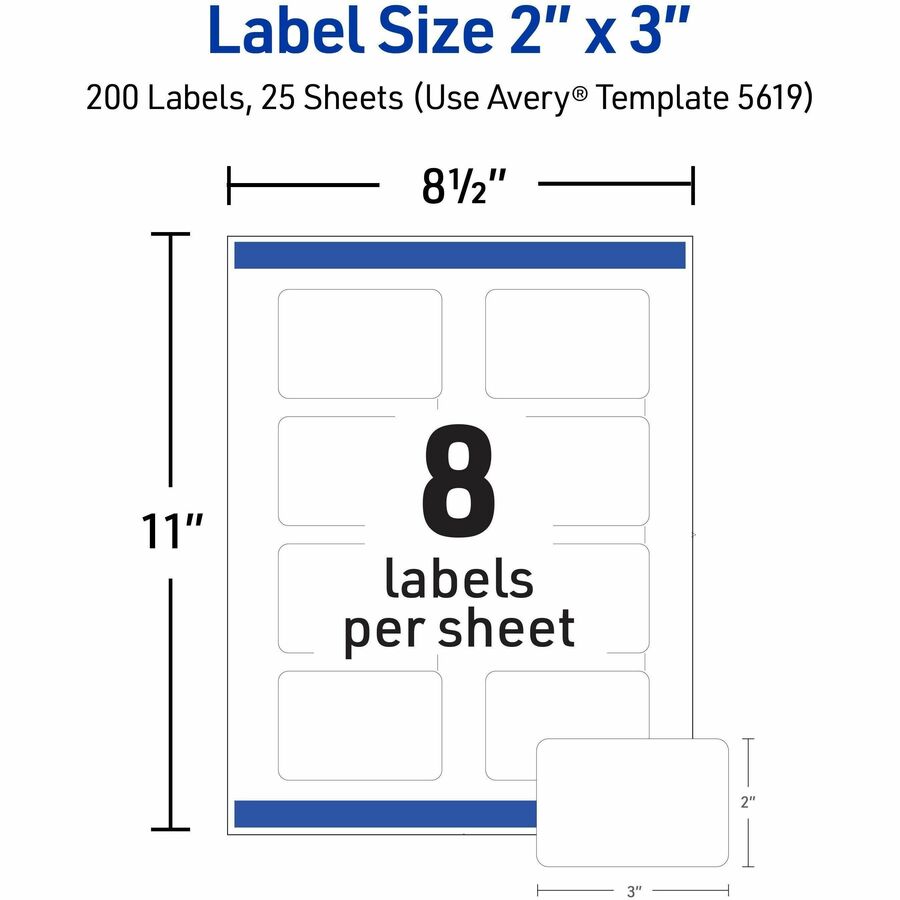 Avery Matte White Rectangular Labels - x 3" Width x 2" Length - Rectangle - Inkjet, Laser - Matte - Matte White - Print-to-the Edge, Jam Resistant, Smudge Resistant, Easy Peel - 8 / Sheet - For Label Printer - 200 / Pack