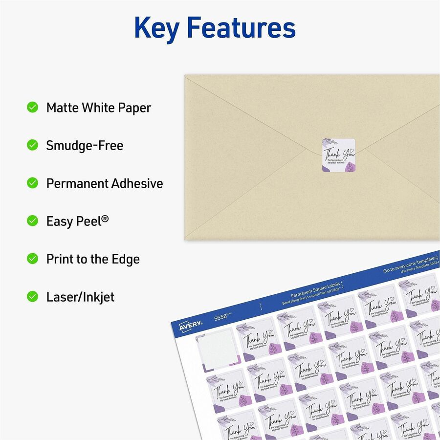 Avery Matte White Square Labels - x 1" Width x 1" Length - Square - Inkjet, Laser - Matte - Matte White - Pop Up Edge, Easy Peel, Smudge-free, Print-to-the Edge, Jam Resistant - 48 / Sheet - 1200 Total Label(s) - For Label Printer - 1200 / Pack