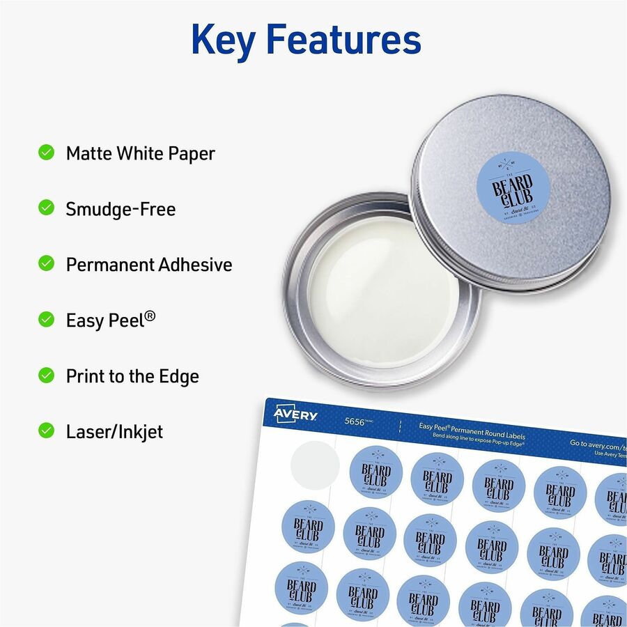 Avery Matte White 1" Round Labels - 1" Diameter - Round - Laser, Inkjet - White Matte - Print-to-the Edge, Easy Peel, Pop Up Edge, Smudge-free, Jam-free - 48 / Sheet - 1200 / Pack