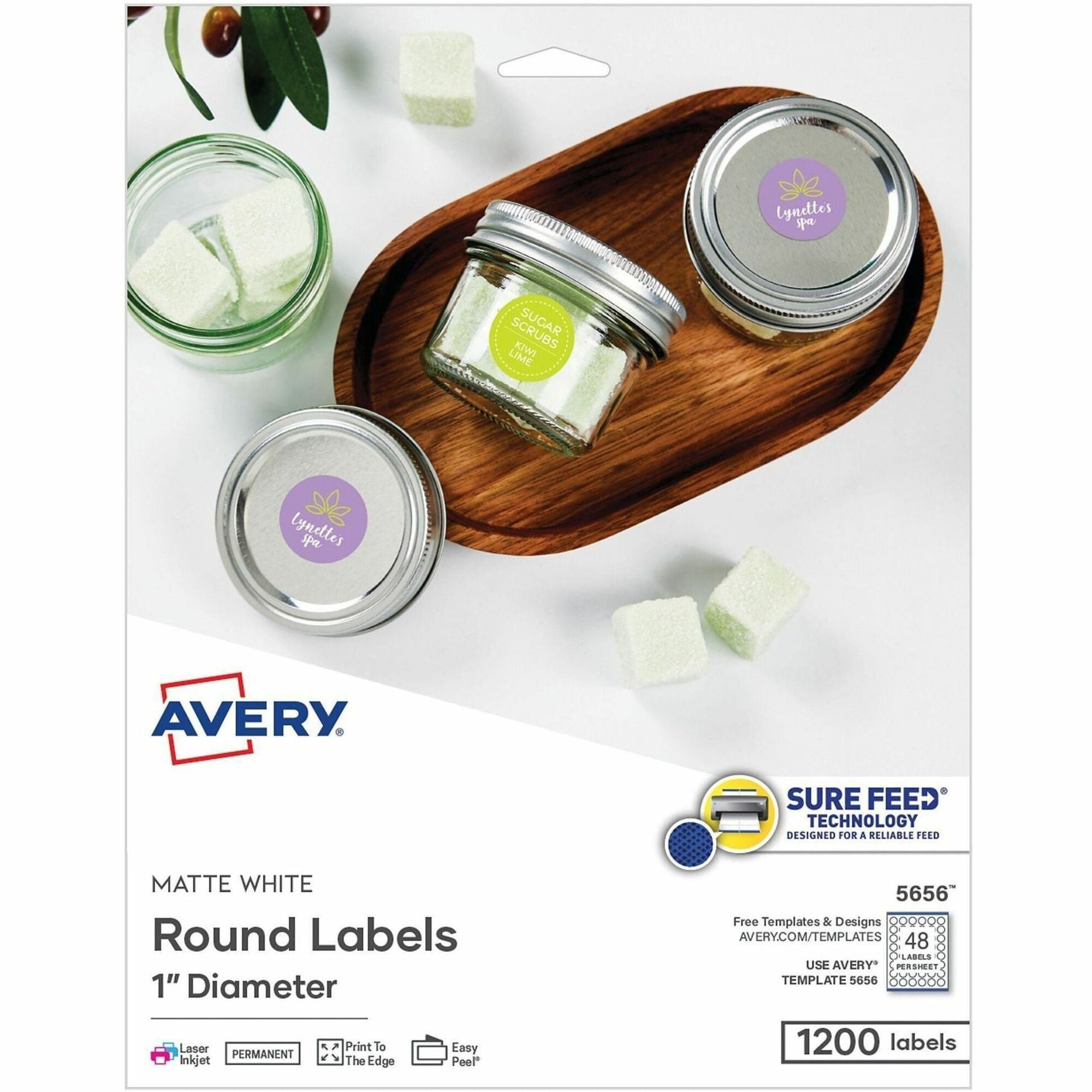Avery Matte White 1" Round Labels - 1" Diameter - Round - Laser, Inkjet - White Matte - Print-to-the Edge, Easy Peel, Pop Up Edge, Smudge-free, Jam-free - 48 / Sheet - 1200 / Pack