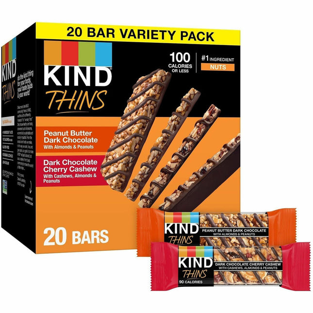 KIND THINS Variety Packs - Dark Chocolate Cherry Cashew, Peanut Butter Dark Chocolate - Low Calorie, Gluten-free, Egg-free, Dairy-free, Individually Wrapped - 0.74 oz - 20 / Box