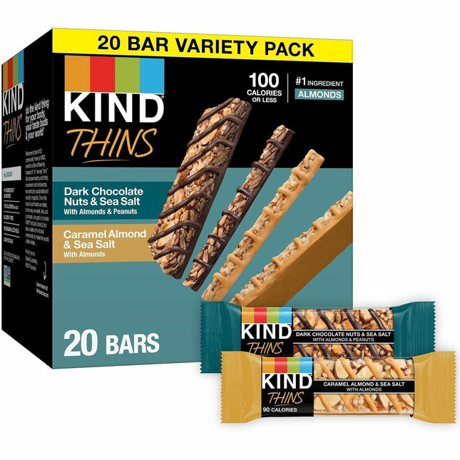 KIND THINS Variety Packs - Dark Chocolate Nuts & Sea Salt, Caramel Almond & Sea Salt - Low Calorie, Gluten-free, Individually Wrapped, Egg-free - 0.74 oz - 20 / Box