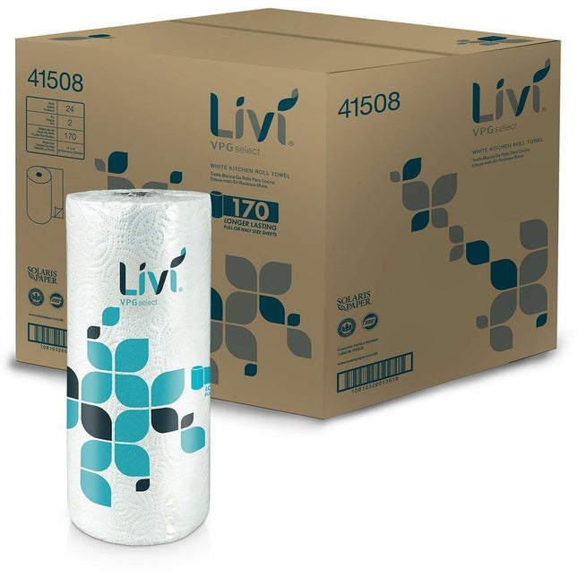 Livi VPG Select Kitchen Paper Towels - 2 Ply - 170 Sheets/Roll - 1 49/64" Core - Wheel Embossed - Bright White - Paper, FiberRoll - 170 Towels/Roll - 24 / Carton