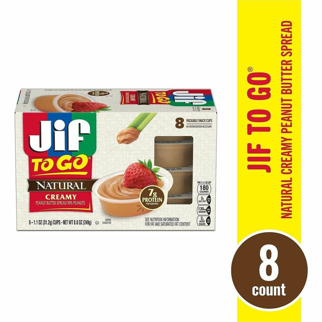 Jif To-Go Creamy Natural Peanut Butter Cups - Natural, Creamy - 1.10 oz - 8 / Pack