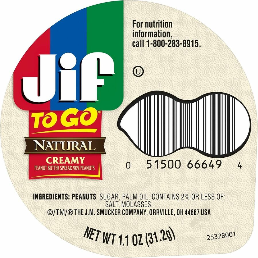 Jif To-Go Creamy Natural Peanut Butter Cups - Natural, Creamy - 1.10 oz - 8 / Pack