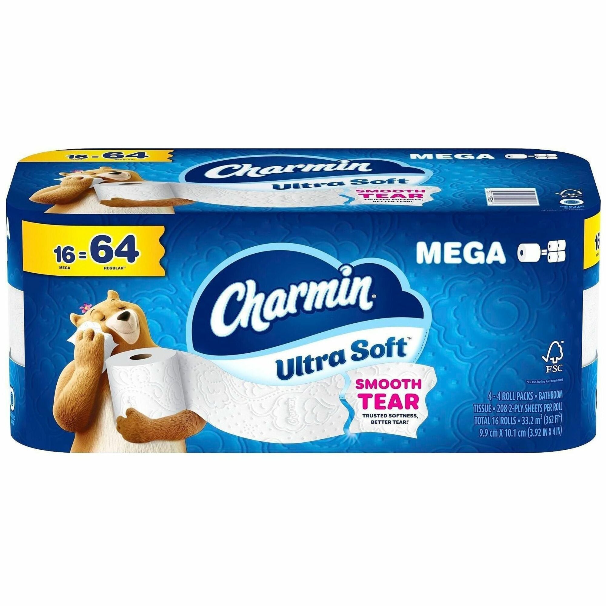 Charmin Ultra Soft Bathroom Tissue - 2 Ply - Mega - 208 Sheets/Roll - 4" Roll Diameter - 1 1/2" Core - Diamond Weave Texture - White - 1 Carton