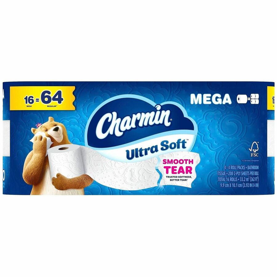 Charmin Ultra Soft Bathroom Tissue - 2 Ply - Mega - 208 Sheets/Roll - 4" Roll Diameter - 1 1/2" Core - Diamond Weave Texture - White - 1 Carton