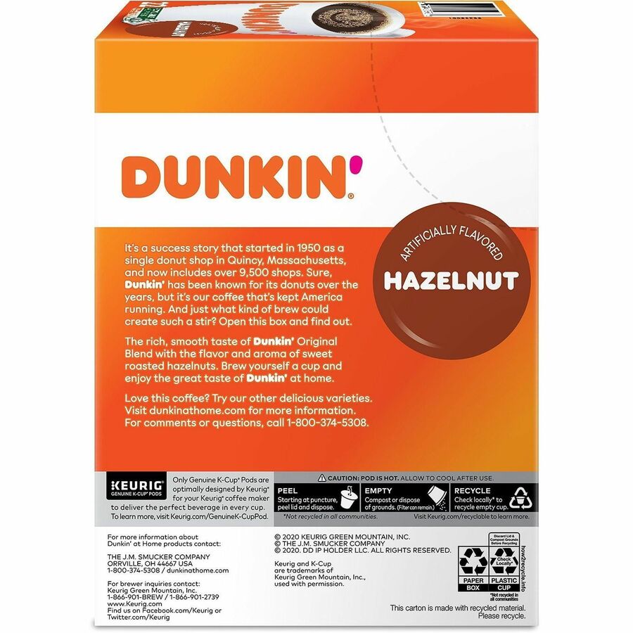 Dunkin' Donuts&reg; K-Cup Hazelnut Coffee - Medium - 22 K-Cup - K-Cup - Hazelnut, Original Blend - 4 / Carton