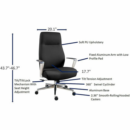 Lorell Fuerte Executive/Conference High-Back Chair with Polished Aluminum Arms - High Back - Black - Poly, Polyurethane - Armrest - 1 Each