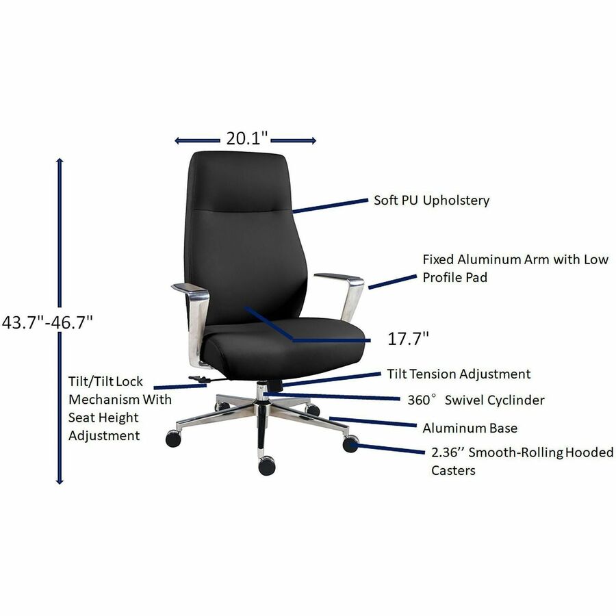 Lorell Fuerte Executive/Conference High-Back Chair with Polished Aluminum Arms - High Back - Black - Poly, Polyurethane - Armrest - 1 Each