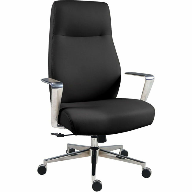 Lorell Fuerte Executive/Conference High-Back Chair with Polished Aluminum Arms - High Back - Black - Poly, Polyurethane - Armrest - 1 Each