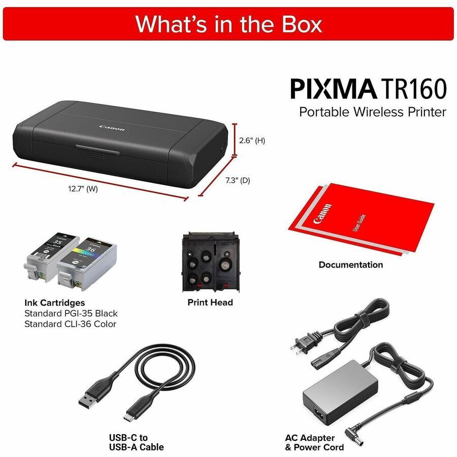 Canon PIXMA TR160 Portable Wired/Wireless Inkjet Printer - Color - 4800 x 1200 dpi Print - 50 Sheets Input - Wireless LAN - Apple AirPrint, Canon PRINT App, Mopria Print Service, Wi-Fi Direct, PIXMA Cloud Link, Canon Print Service Plug-in, Canon Creati...