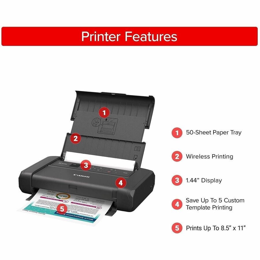Canon PIXMA TR160 Portable Wired/Wireless Inkjet Printer - Color - 4800 x 1200 dpi Print - 50 Sheets Input - Wireless LAN - Apple AirPrint, Canon PRINT App, Mopria Print Service, Wi-Fi Direct, PIXMA Cloud Link, Canon Print Service Plug-in, Canon Creati...