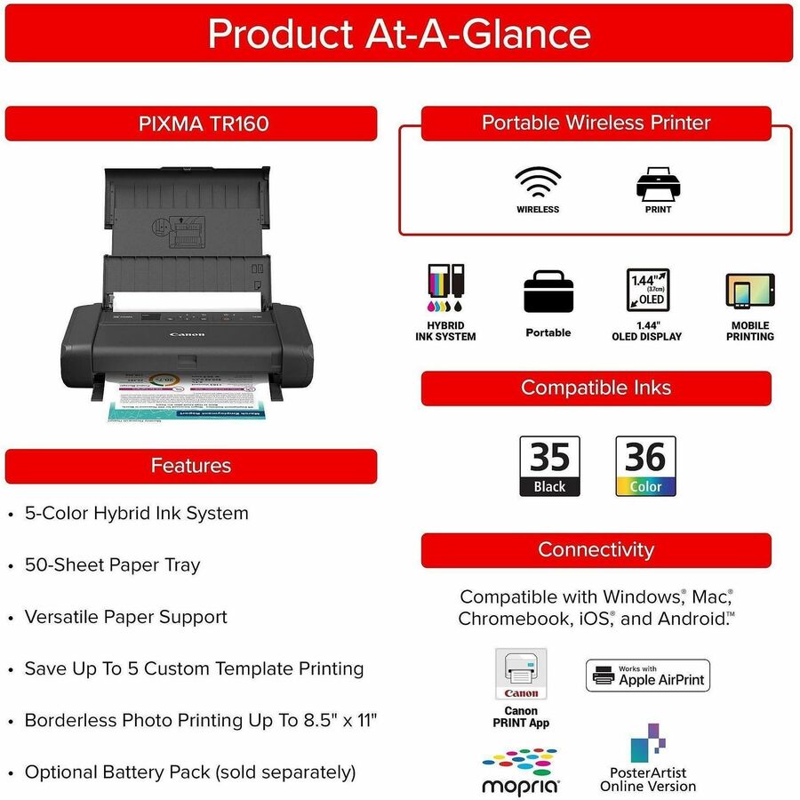 Canon PIXMA TR160 Portable Wired/Wireless Inkjet Printer - Color - 4800 x 1200 dpi Print - 50 Sheets Input - Wireless LAN - Apple AirPrint, Canon PRINT App, Mopria Print Service, Wi-Fi Direct, PIXMA Cloud Link, Canon Print Service Plug-in, Canon Creati...