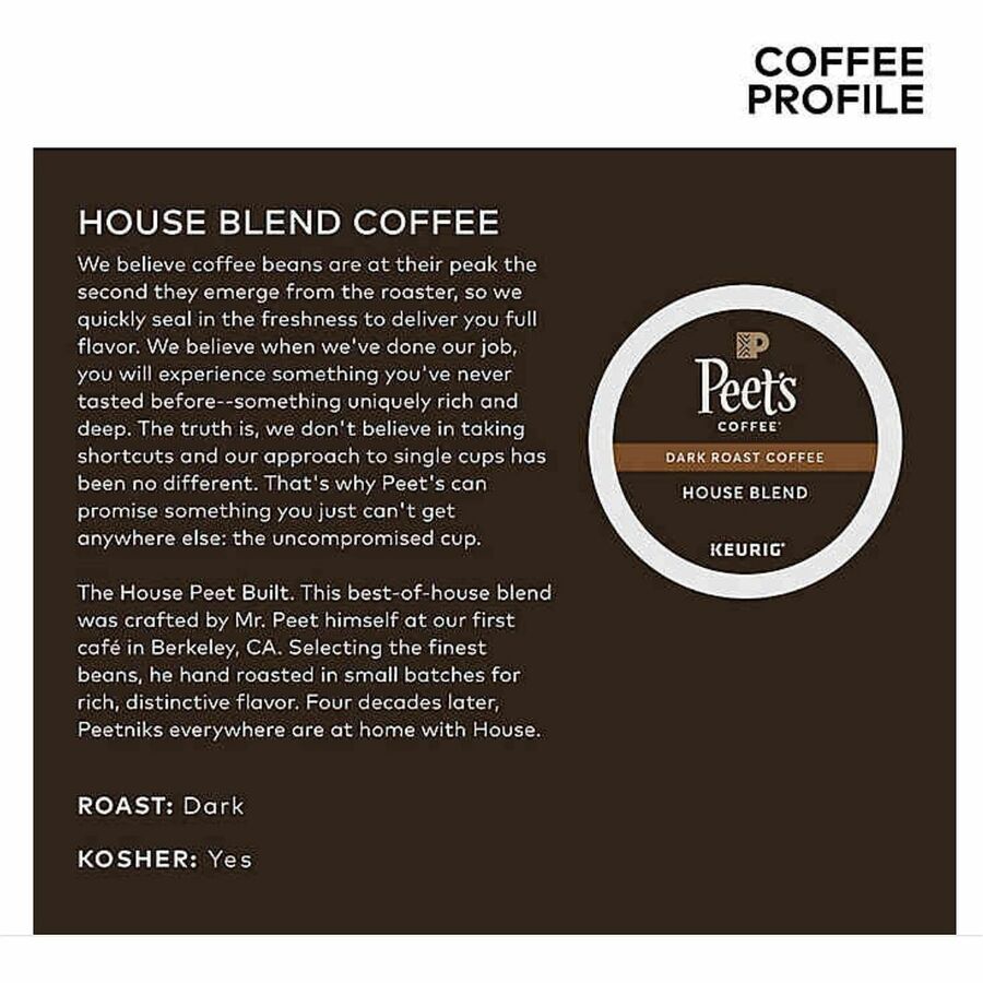 Peet's Coffee&reg; K-Cup House Blend Coffee - Compatible with Keurig Brewer - Dark - 22 K-Cup - K-Cup - House Blend - 4 / Carton