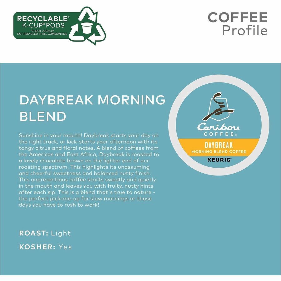 Caribou Coffee&reg; K-Cup Daybreak Coffee - Compatible with Keurig K-Cup Brewer - Light - 24 K-Cup - K-Cup - Daybreak Morning Blend, Nutty - 4 / Carton