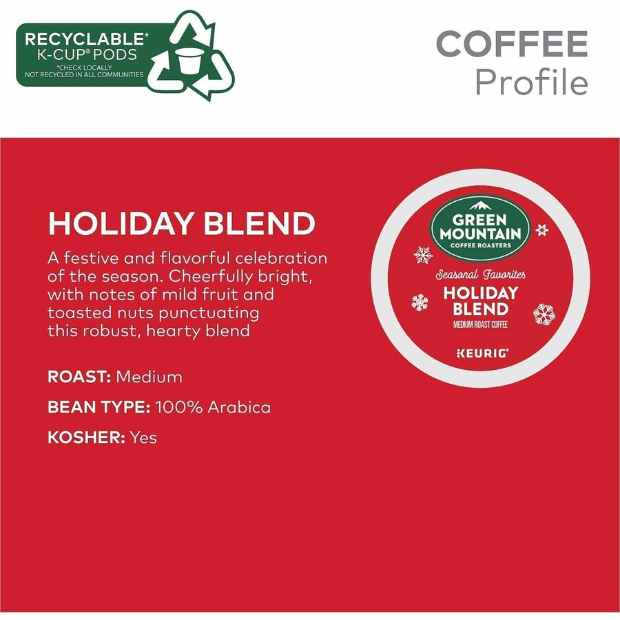 Green Mountain Coffee Roasters&reg; K-Cup, Pod Holiday Blend Coffee - Compatible with Keurig Brewer - Medium - 24 K-Cup - K-Cup, Pod - Holiday Blend - 4 / Carton