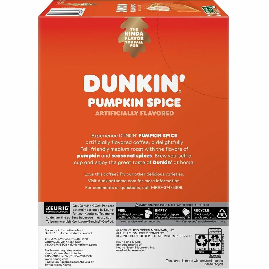 Dunkin' Donuts&reg; K-Cup Pumpkin Spice Coffee - Compatible with Keurig K-Cup Brewer - Medium - 22 K-Cup - K-Cup - Pumpkin Spice - 4 / Carton