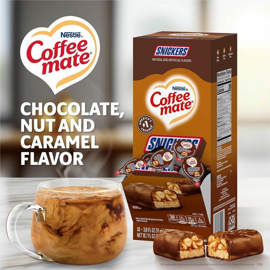 Coffee mate Creamer Snickers Flavor Singles - Chocolate, Nut, Caramel, Snickers Flavor - 0.38 fl oz (11 mL) - 1 Serving - 50 Singles/Box - 4 / Carton