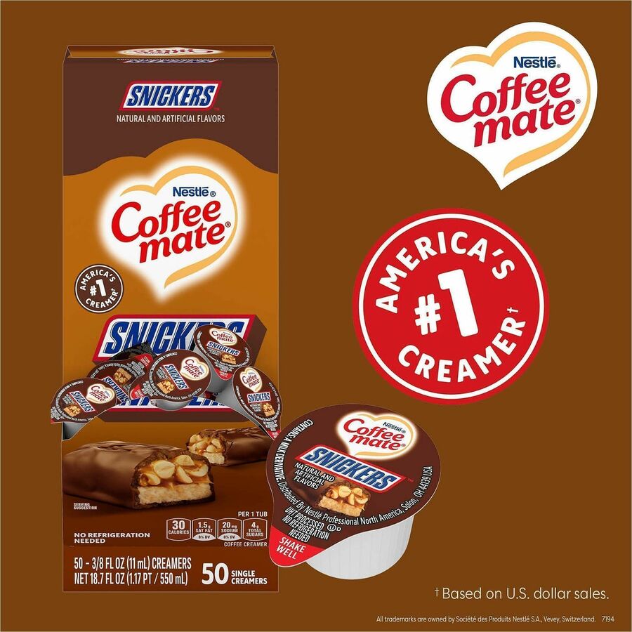 Coffee mate Creamer Snickers Flavor Singles - Chocolate, Nut, Caramel, Snickers Flavor - 0.38 fl oz (11 mL) - 1 Serving - 50 Singles/Box - 4 / Carton