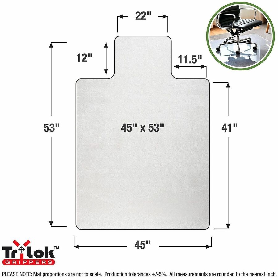 Floortex Cleartex TrYlok Chair Mat - Carpeted Floor, Chair, Indoor, Low Pile - 53" Length x 45" Width - Lipped - Clear - 1 Each