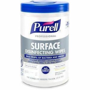 PURELL&reg; Professional Surface Disinfect Wipes - For Hard Surface, Desk - Wipe - Fresh Citrus Scent - 8" Length x 7" Width - Recommended For: Bacteria Remover, Virus Remover - Disinfectant, No-rinse, Durable, Bleach-free, Fume-free - White - 110/Tub ...