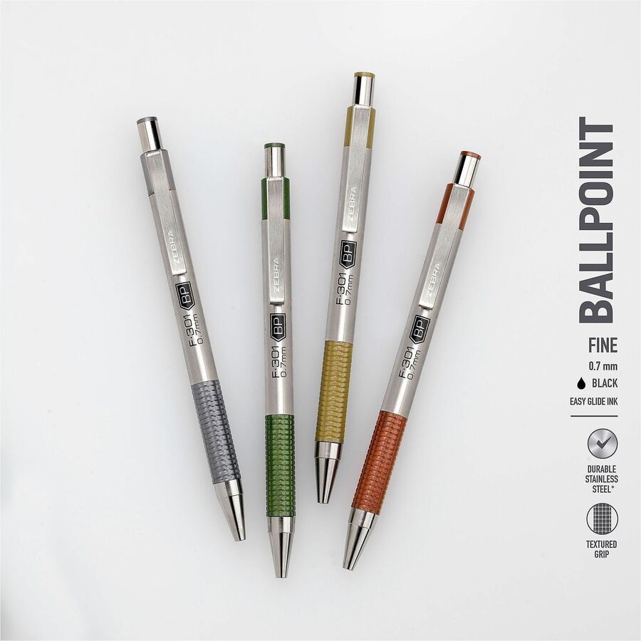 Zebra Pen F-301 EarthyTones Retractable Ballpoint Pens - 0.7 mm Fine Pen Point - Refillable - Retractable - Black Ink - Terracota Stainless Steel Barrel - School, Journaling, Writing - 4 / Pack