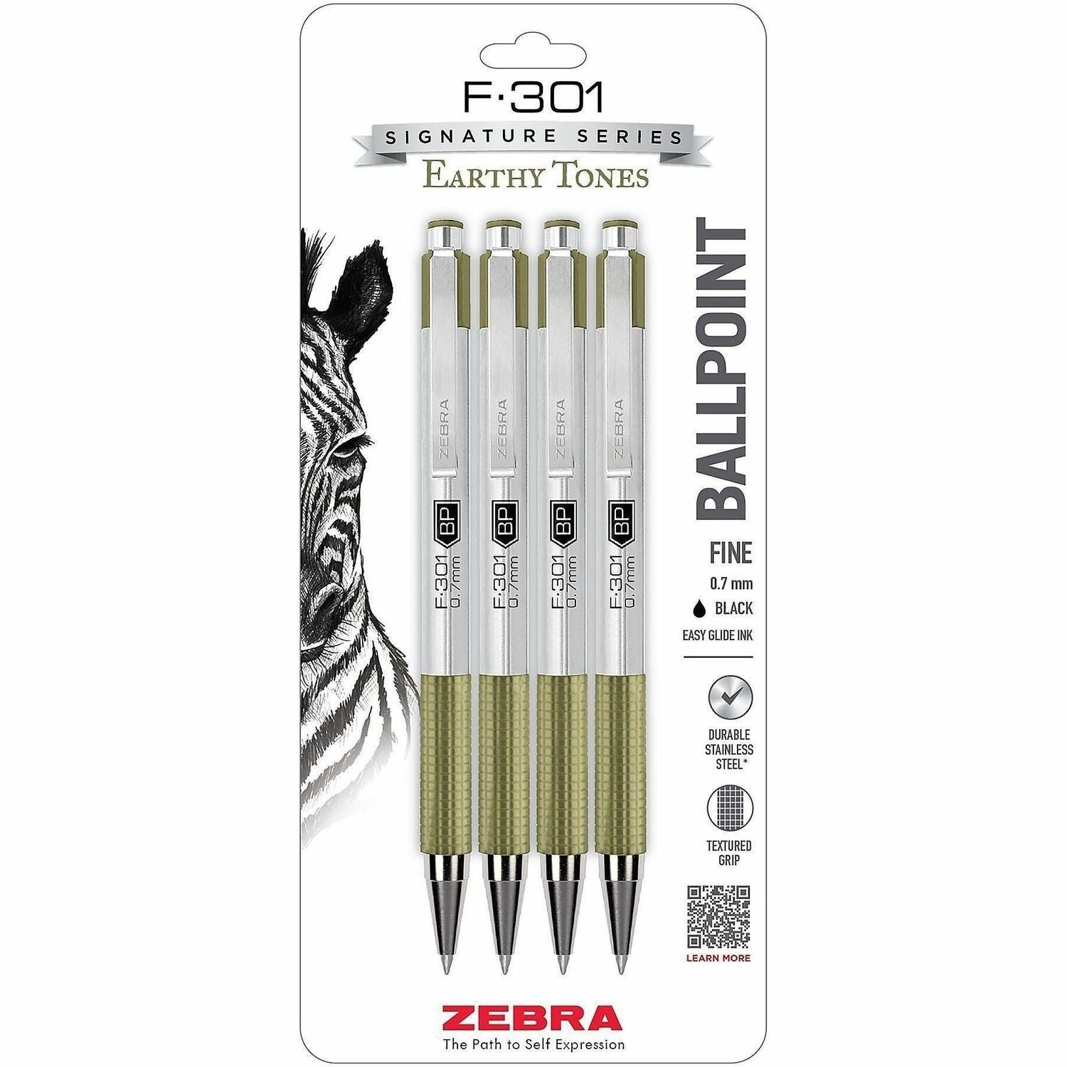 Zebra Pen F-301 EarthyTones Retractable Ballpoint Pens - 0.7 mm Fine Pen Point - Refillable - Retractable - Black Ink - Sage Stainless Steel Barrel - School, Journaling, Writing - 4 / Pack