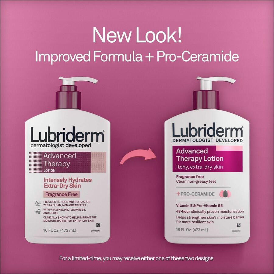Lubriderm Advanced Therapy Lotion - Lotion - 16 fl oz - For Dry Skin - Applicable on Hand and Body - Itchy Skin - Fragrance-free, Moisturising, Non-greasy, Paraben-free, Phthalates-free, Dye-free, Hypoallergenic - 12 / Carton