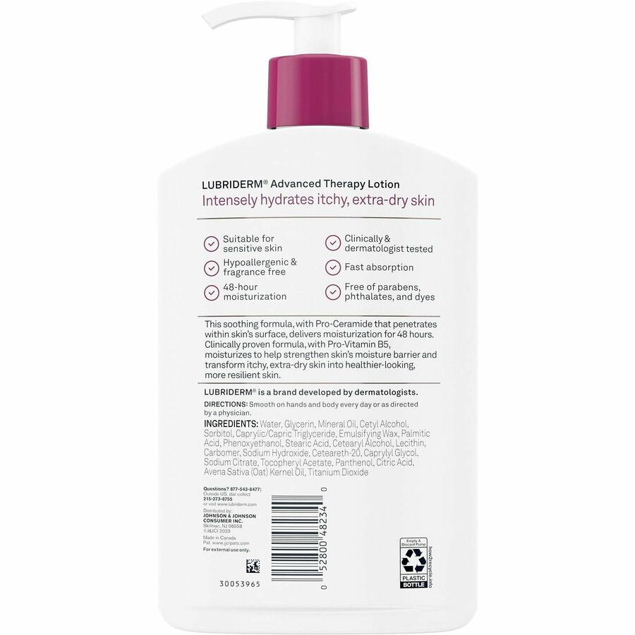 Lubriderm Advanced Therapy Lotion - Lotion - 16 fl oz - For Dry Skin - Applicable on Hand and Body - Itchy Skin - Fragrance-free, Moisturising, Non-greasy, Paraben-free, Phthalates-free, Dye-free, Hypoallergenic - 12 / Carton
