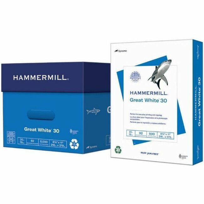 Hammermill Great White 30 Copy Paper - 92 Brightness - 88 Opacity - 11" x 17" - 20 lb Basis Weight - 75 g/m² Grammage - Sustainable Forestry Initiative (SFI) - Acid-free, Jam-free - White - 500 - 5 / Carton